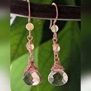 Smokey Quartz Earrings Green Garnet Accents Dangle Drop Artisan Handmade